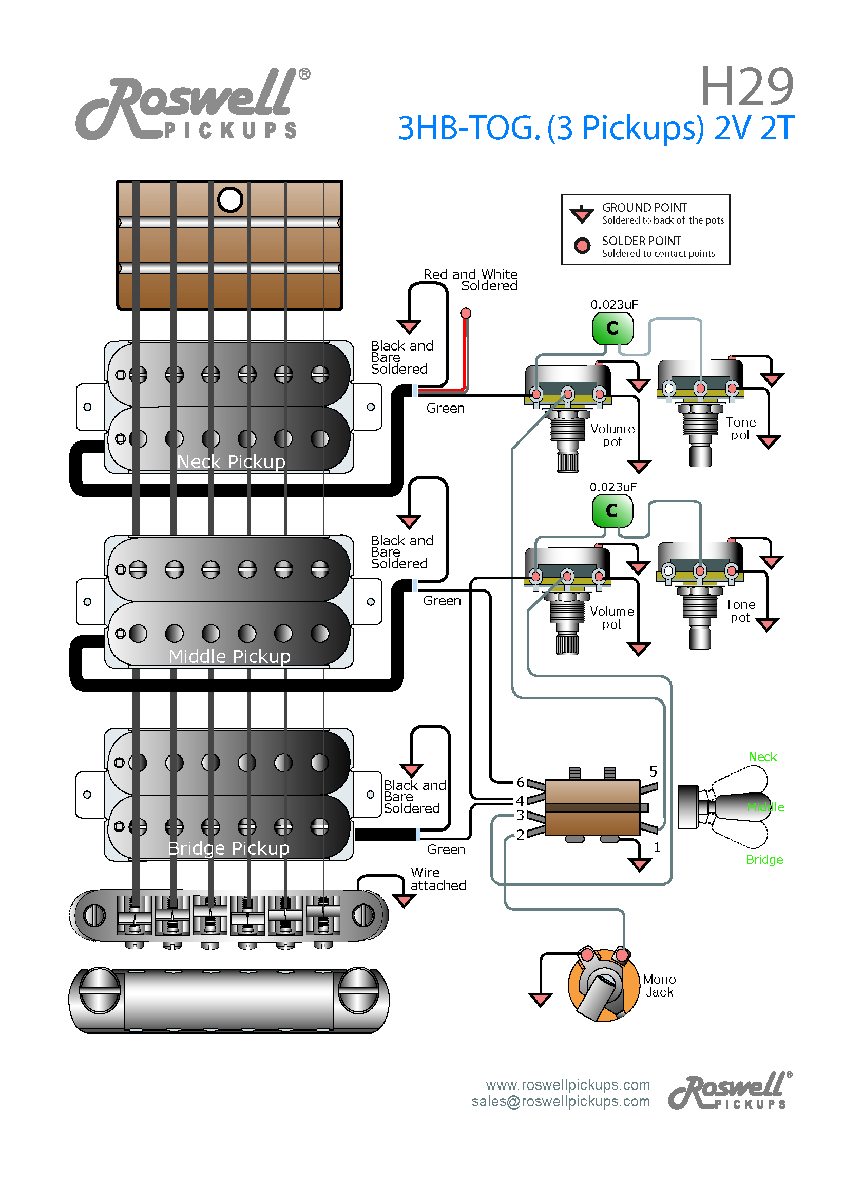 3 Humbucker 2 Volume 2 Tone 3-way – Roswell Pickups